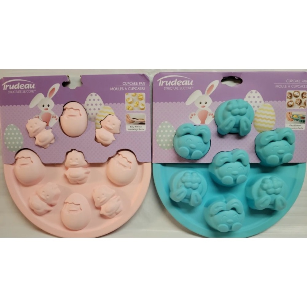2 Trudeau Silcone Easter Egg Cookie Pan & Bunny Cupcake Molds Chicks DIY